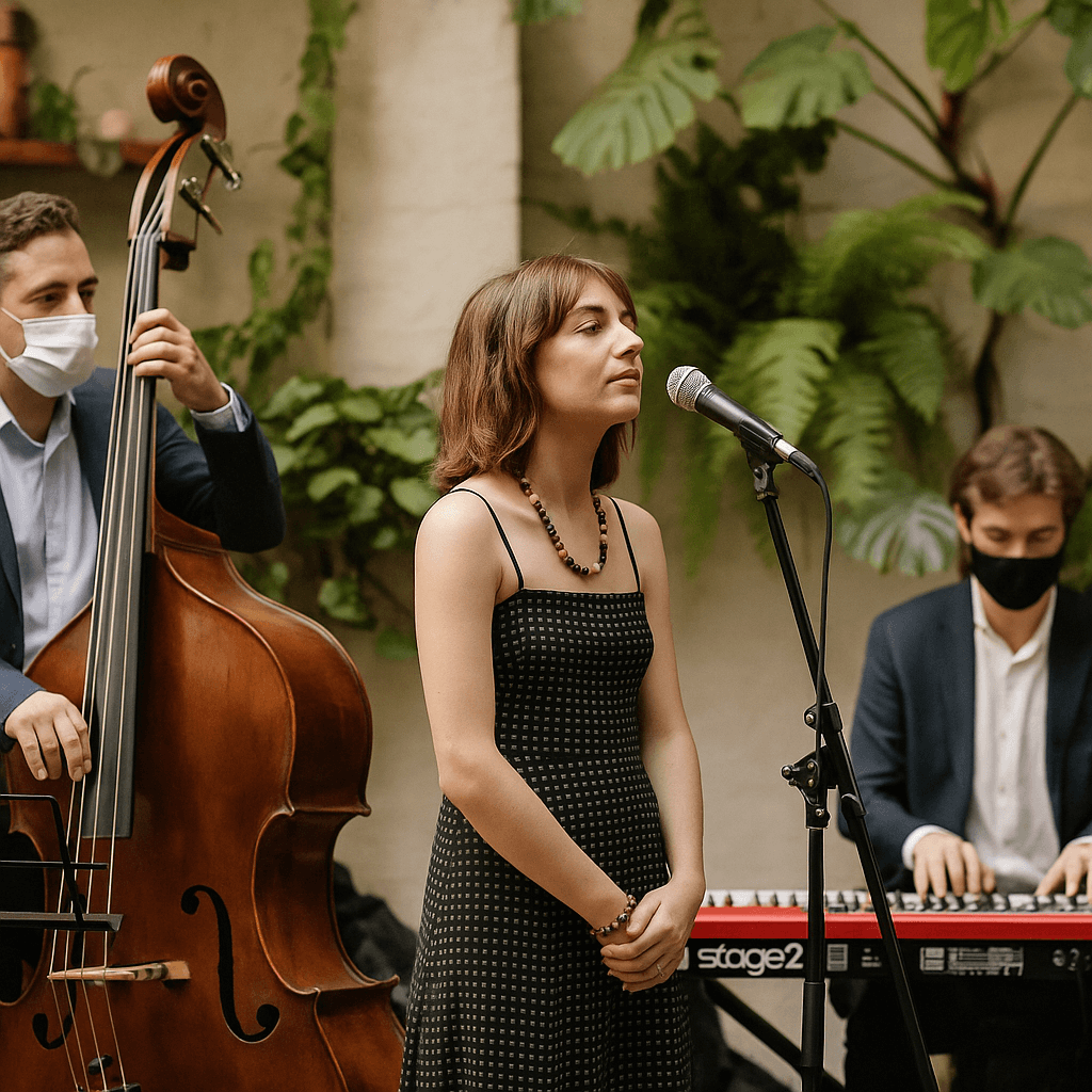 A woman is singing into a microphone while a man plays a double bass and a man plays a keyboard.