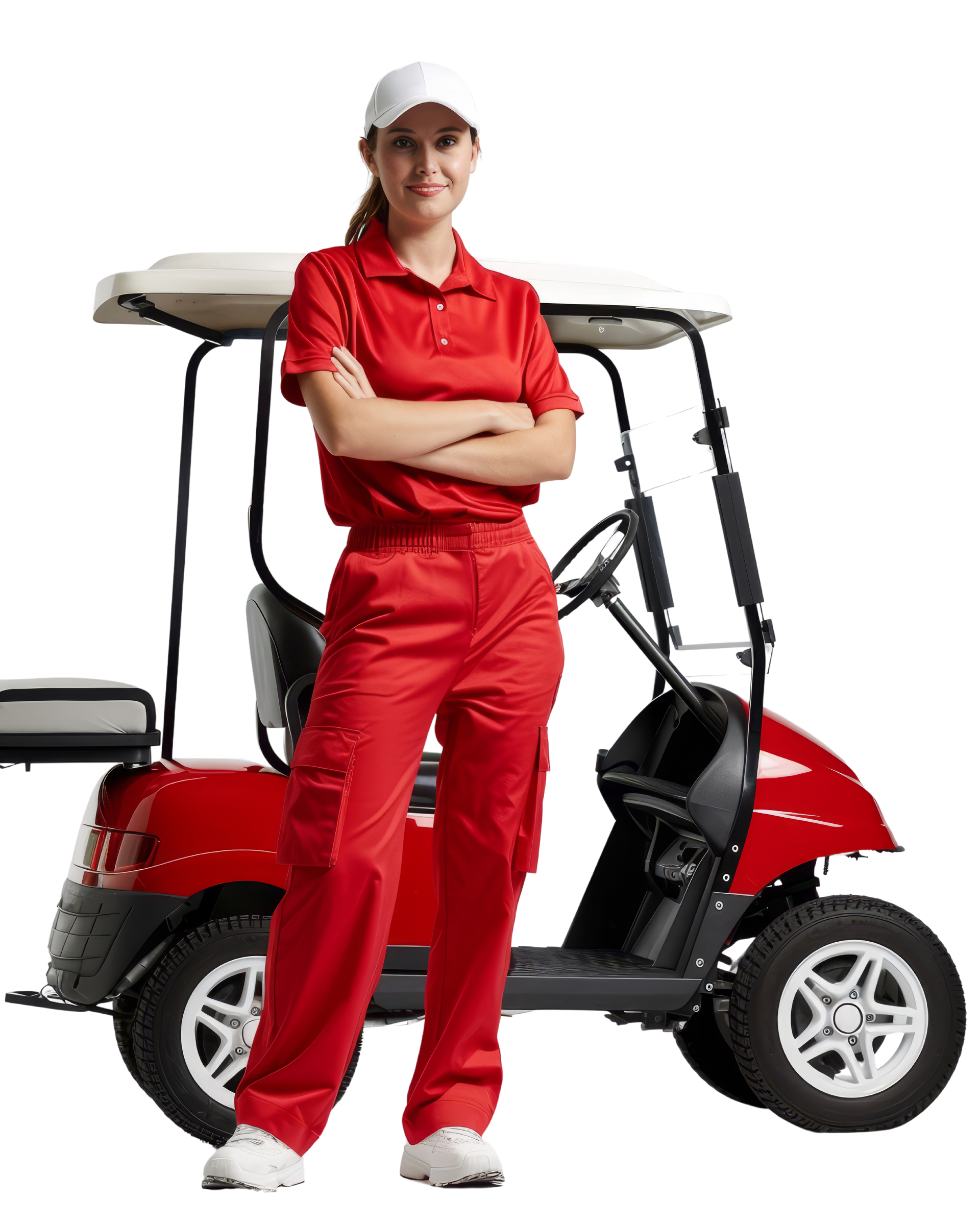 A woman is standing next to a red golf cart.