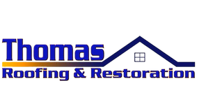 A logo for thomas roofing and restoration with a house on the roof