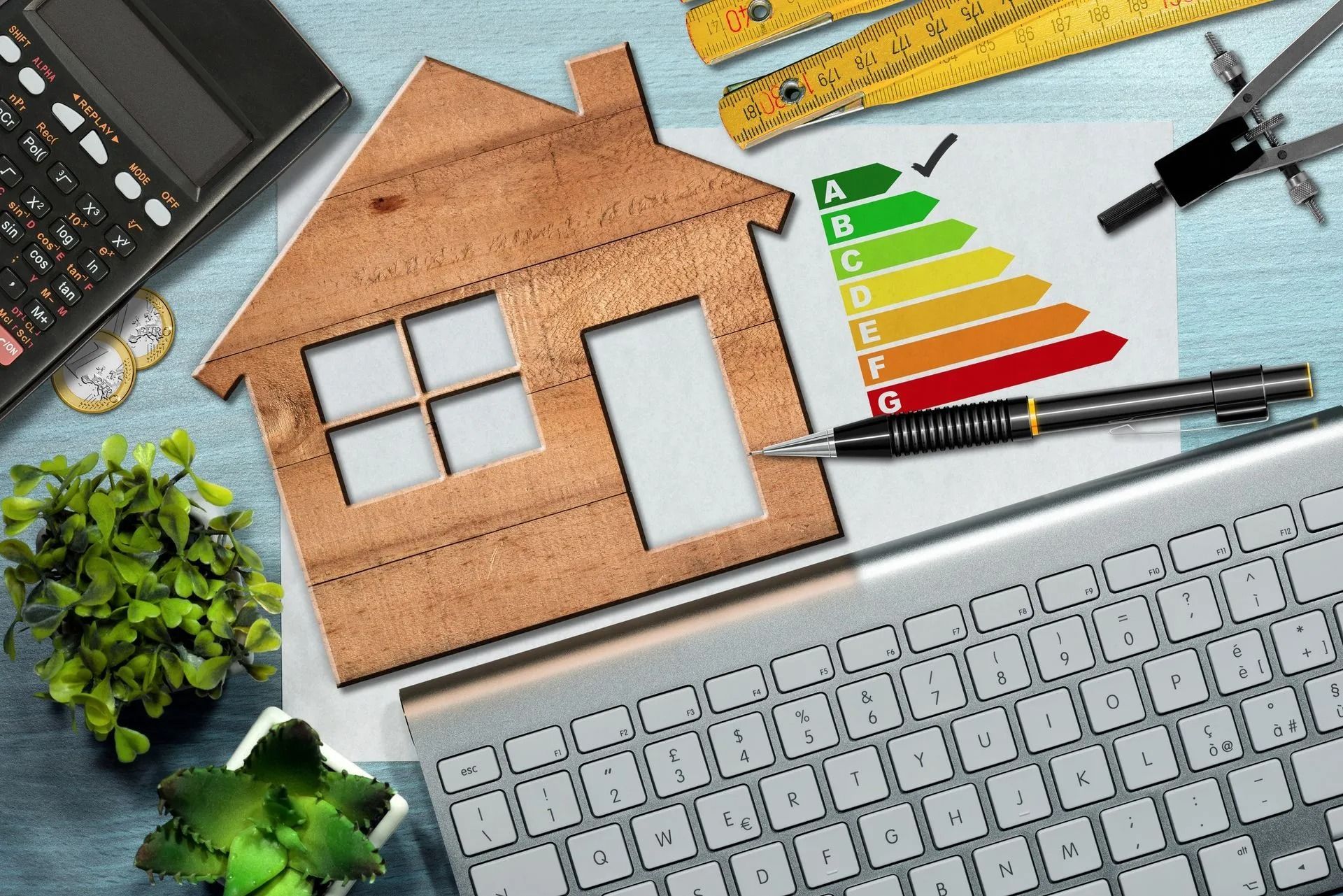 Postazione di lavoro per la progettazione di interni con planimetria della casa, campioni di colore, tastiera, righello e matita su una scrivania.