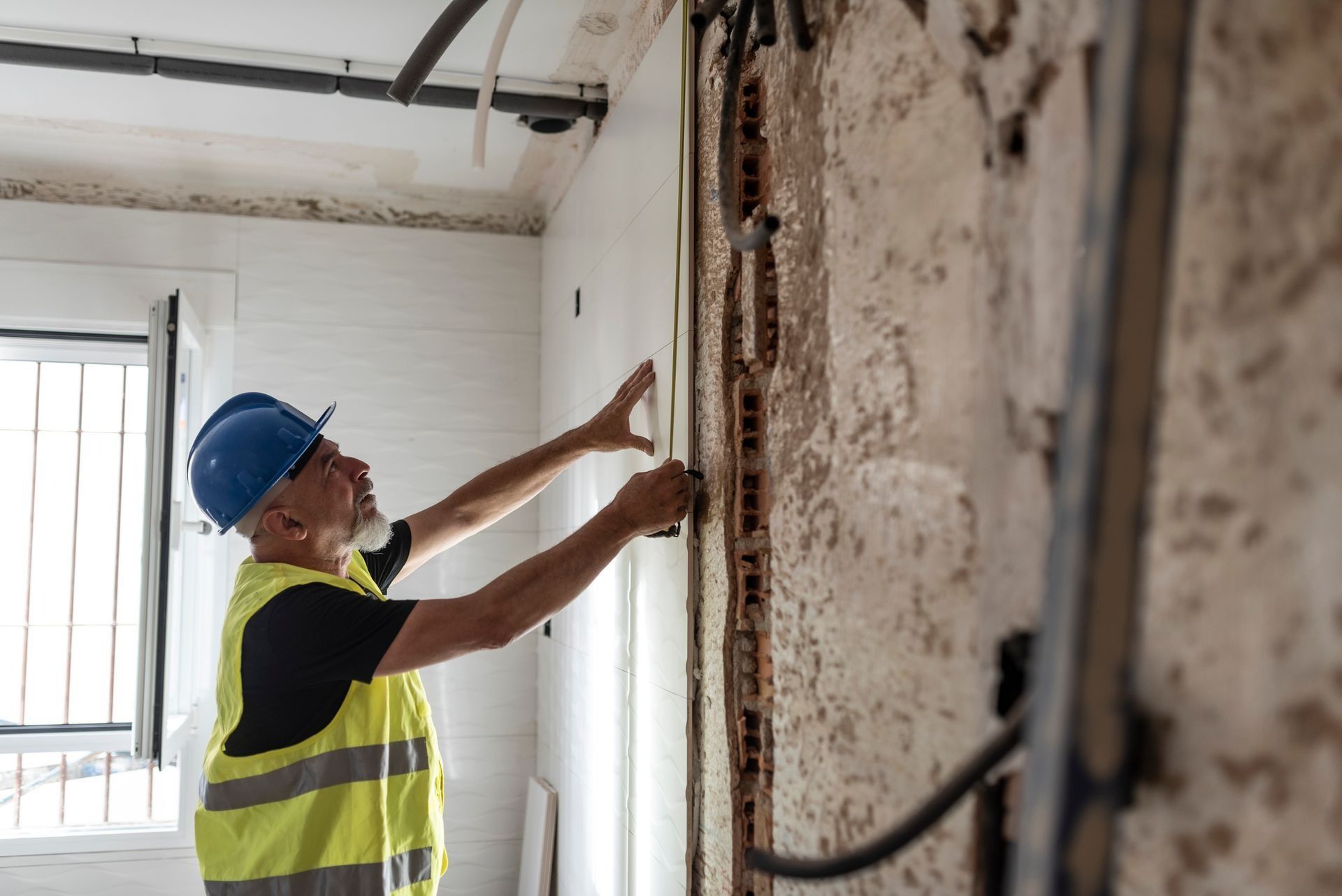 Un operaio edile con un elmetto blu ispeziona l'impianto elettrico in una stanza in fase di ristrutturazione.