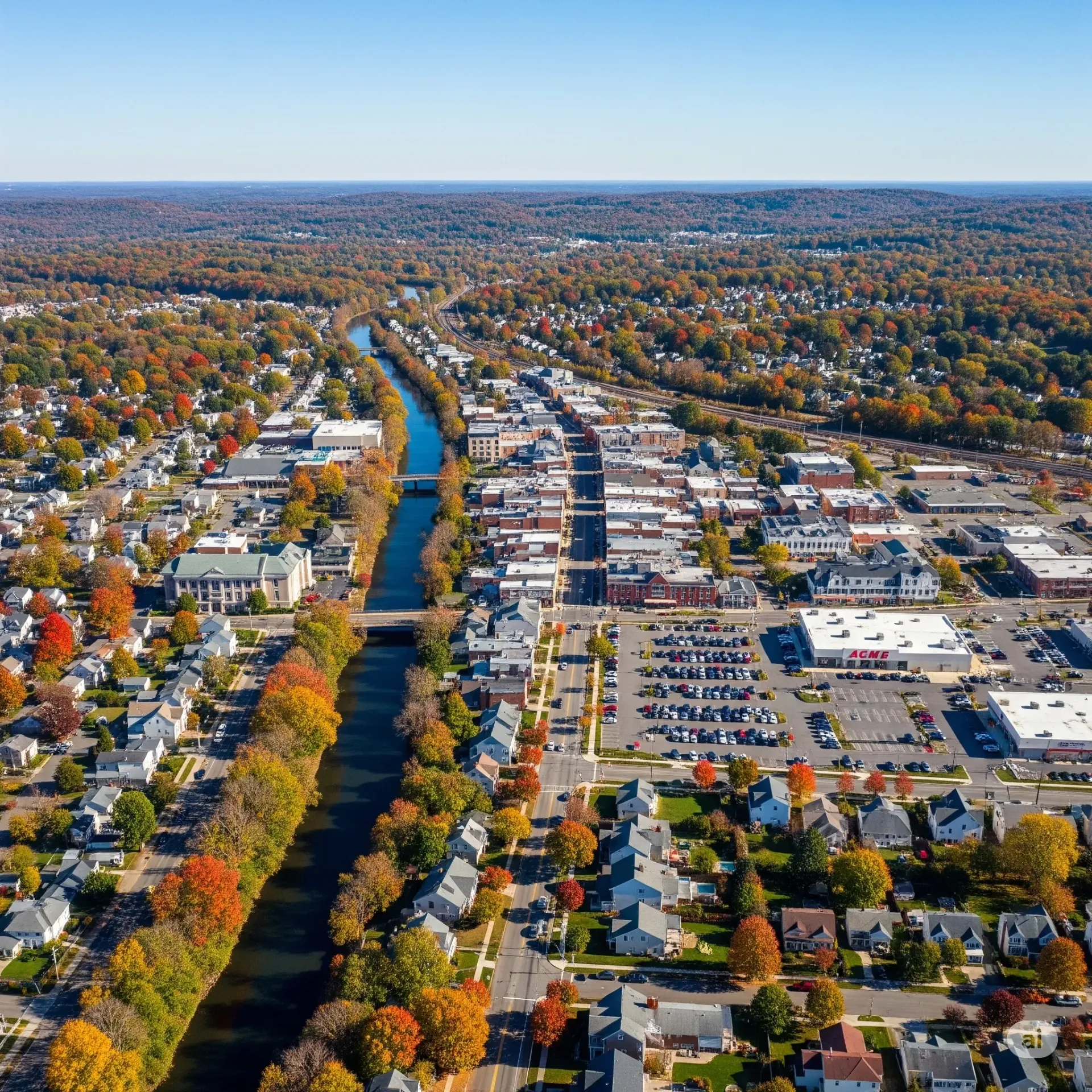 An aerial view of a city with a lake in the background.