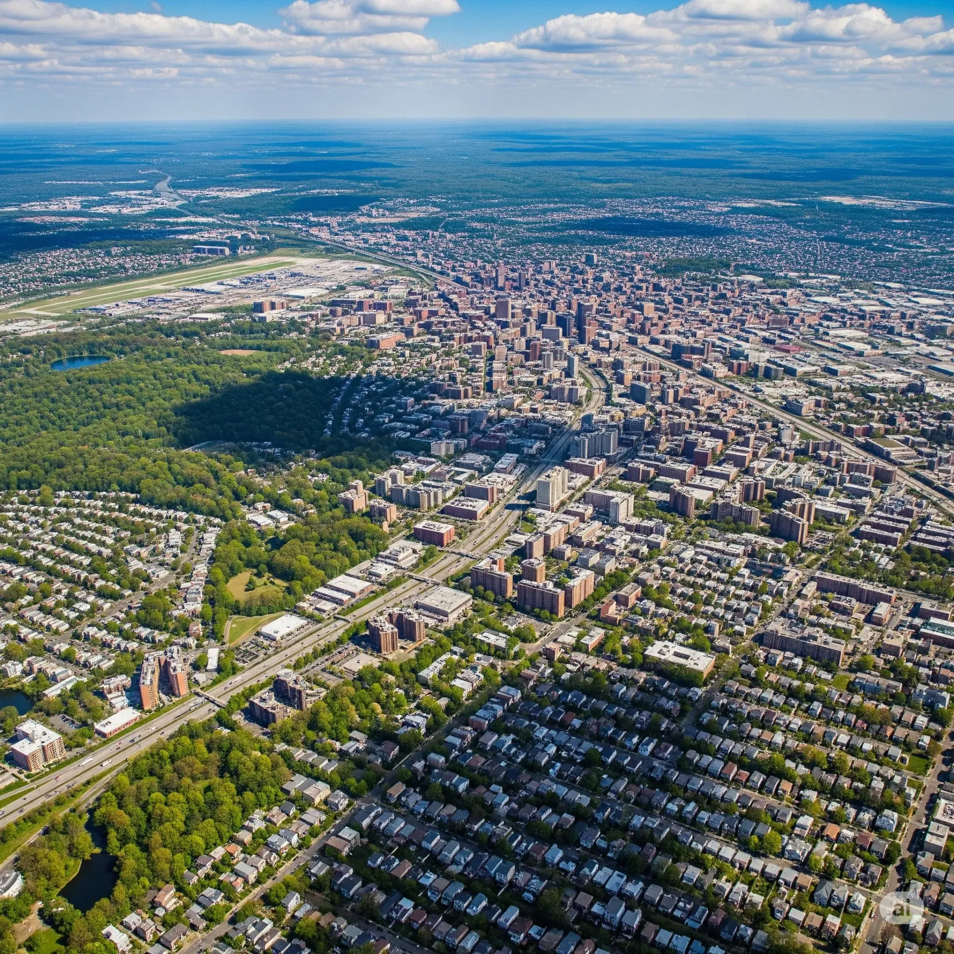 An aerial view of a residential area surrounded by trees and a lake.