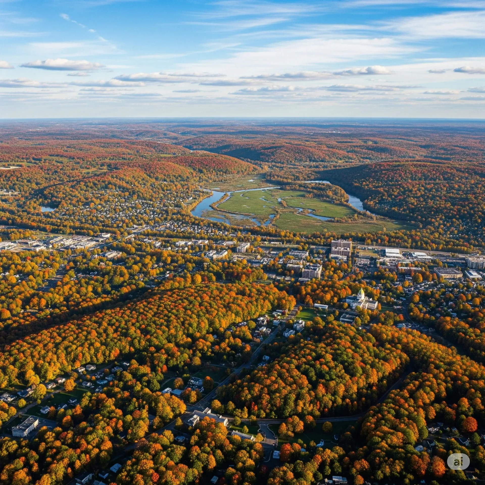 An aerial view of a highway intersection with a city in the background.
