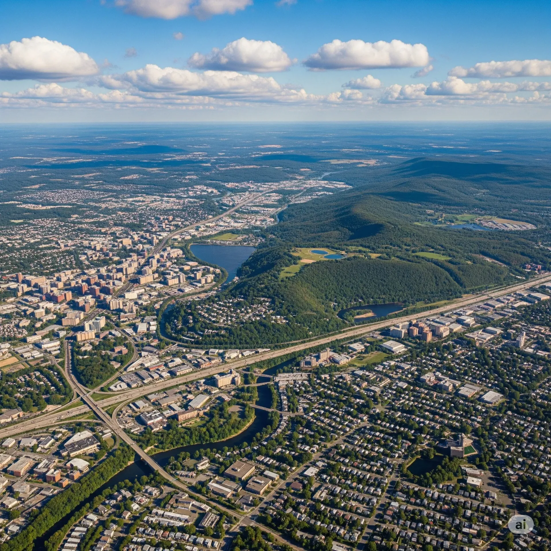 An aerial view of a river surrounded by trees and grass