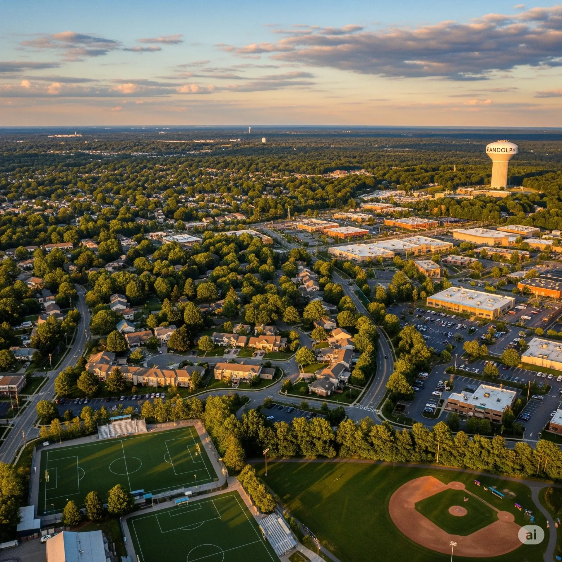 An aerial view of a city with a lake in the background.