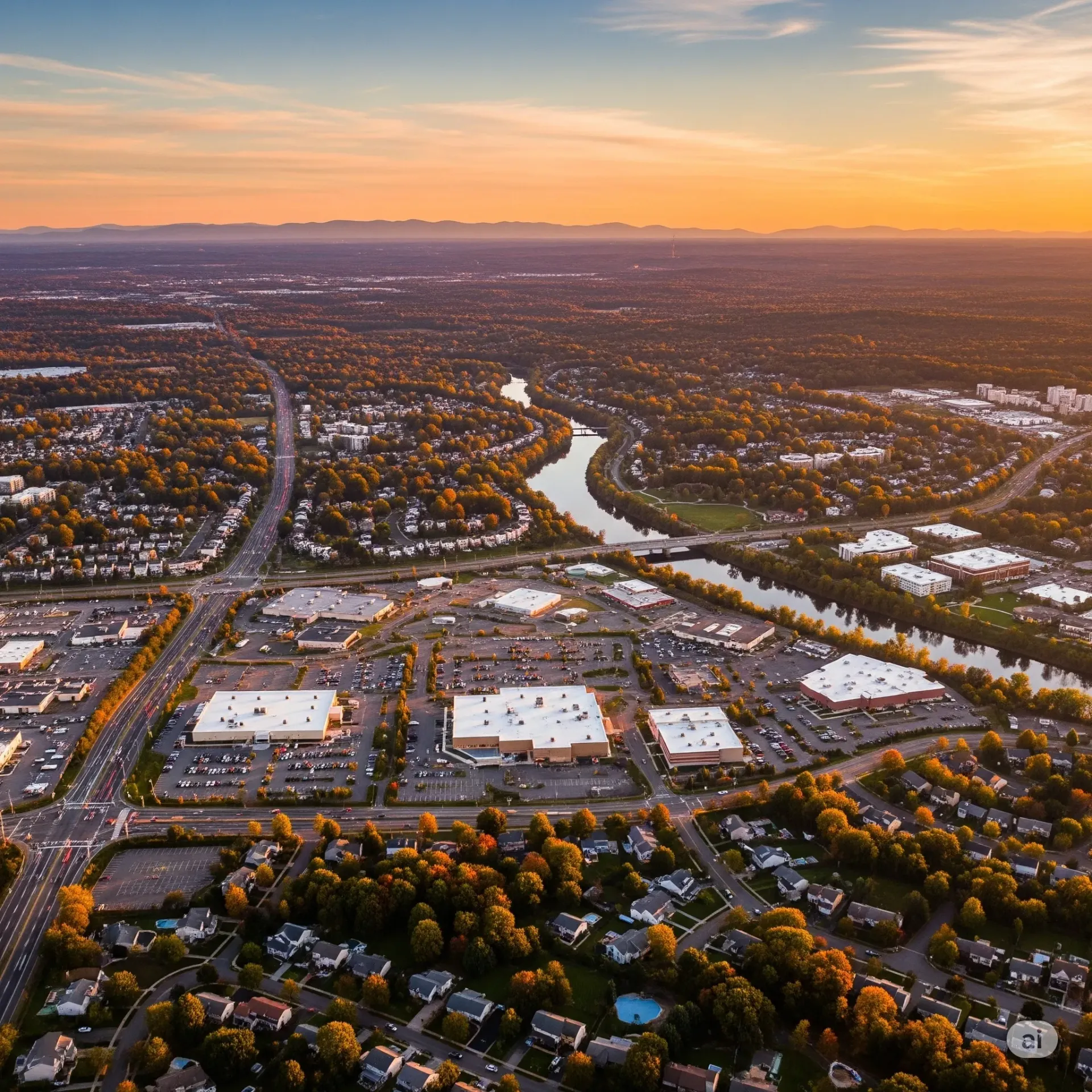 An aerial view of a city with a lake in the background.