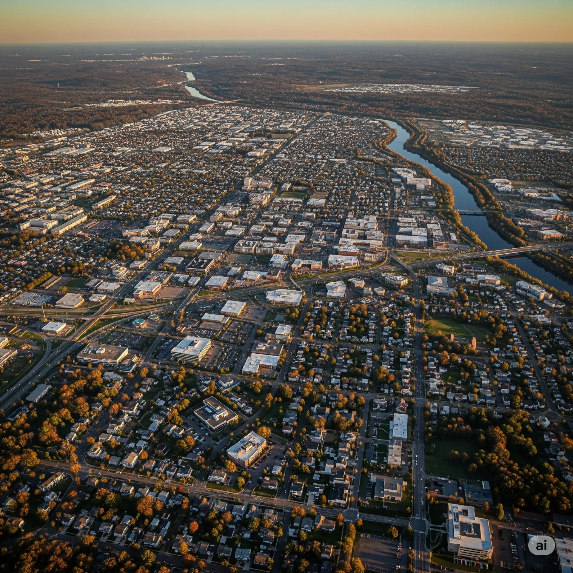 An aerial view of a city with a lake in the background.
