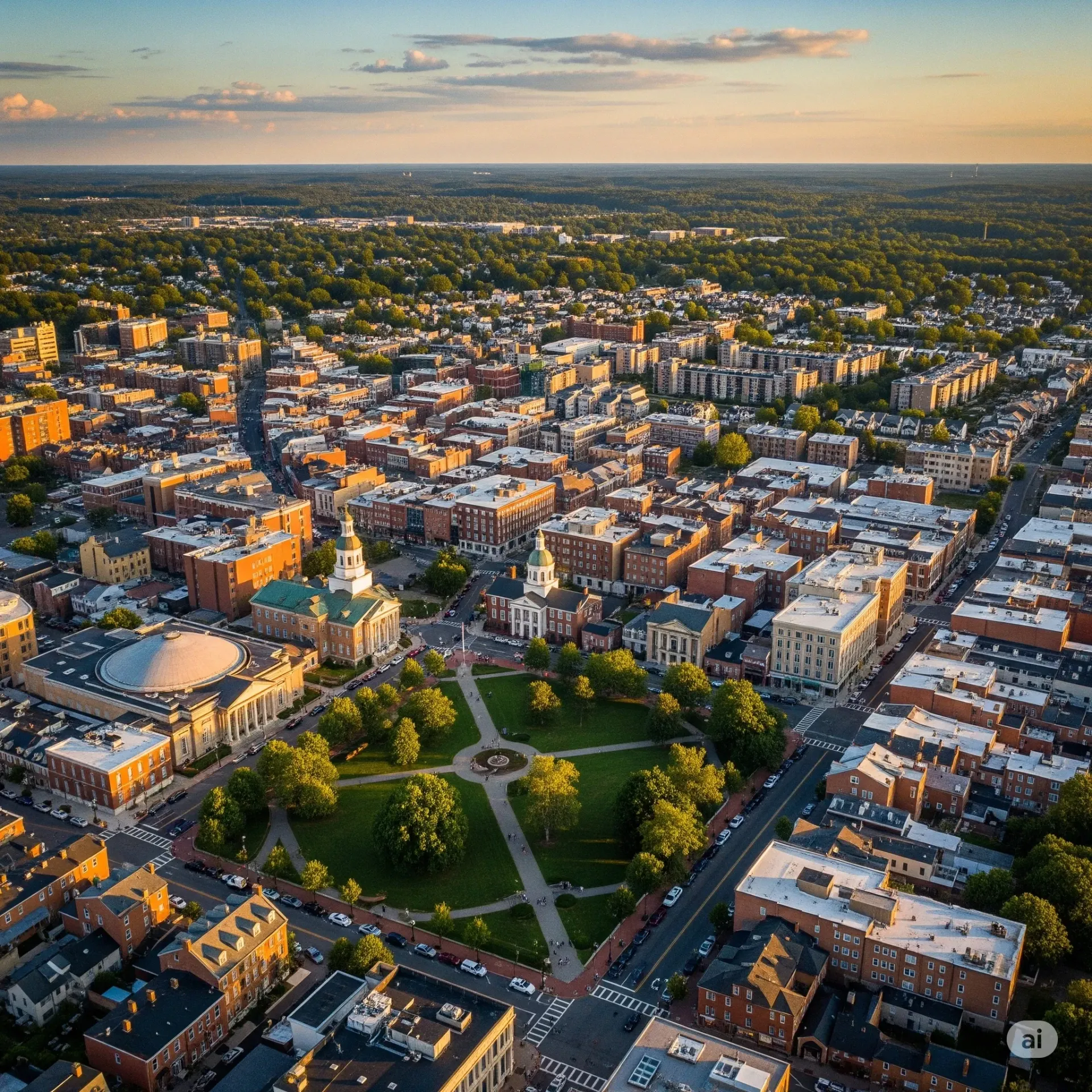 An aerial view of a city with a lake in the background.