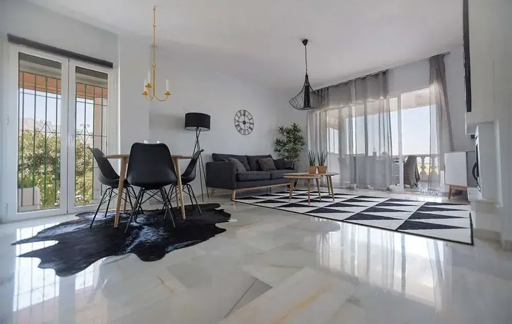 Bright modern living room with black furniture, large windows, and a black-and-white rug