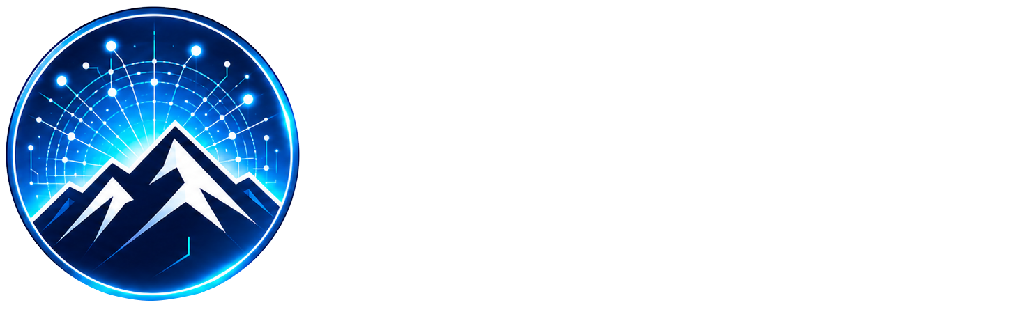 Blue circular mountain logo with white peaks and a starry night sky