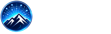 Blue circular mountain logo with white peaks and a starry night sky