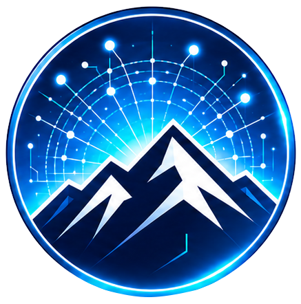 Blue circular logo with white network dots and stylized dark mountain peaks