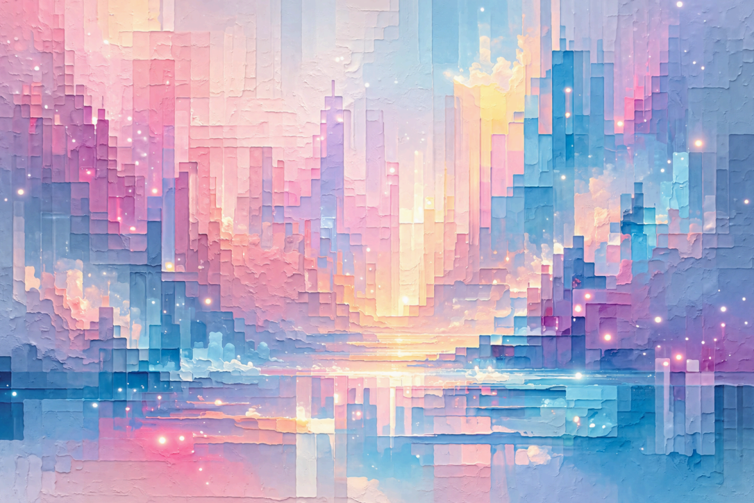 Pastel pixel-art cityscape with glowing skyscrapers reflected on calm water
