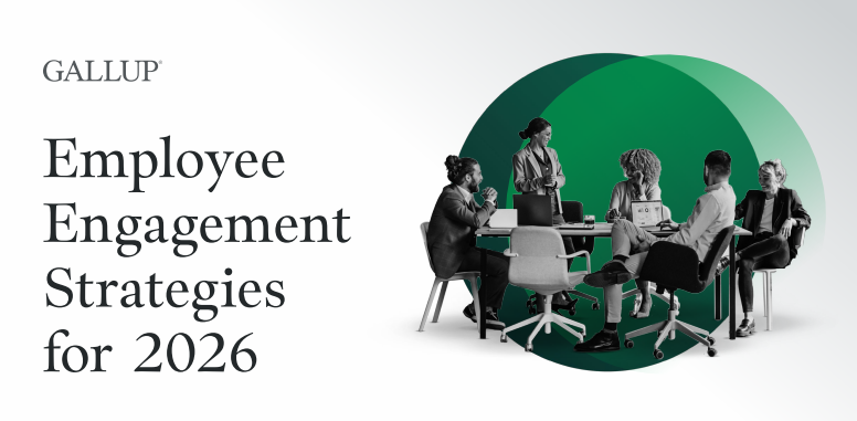 Gallup cover with “Employee Engagement Strategies for 2026” beside people in a meeting circle