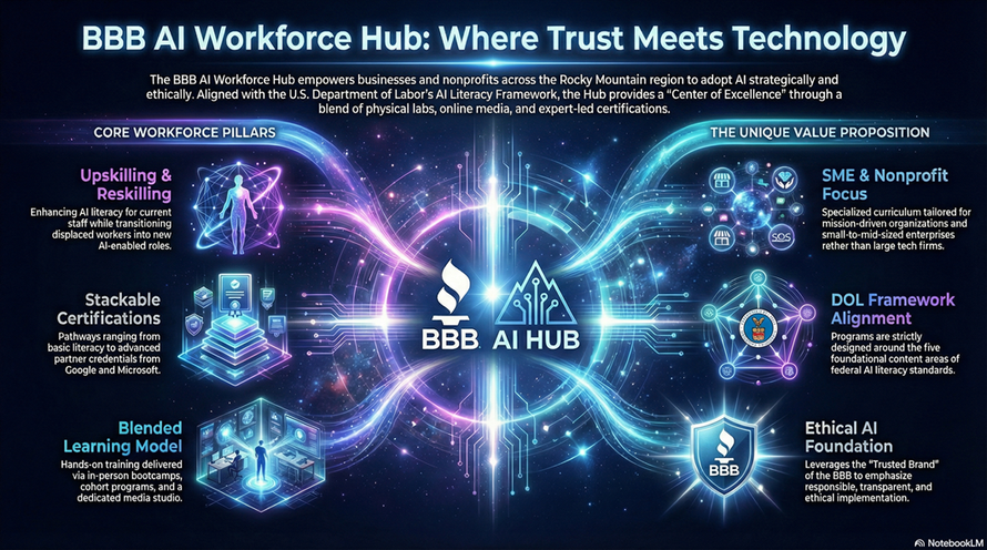 BBB AI Workforce Hub: glowing blue-purple digital network with central “BBB AI HUB” and surrounding icons