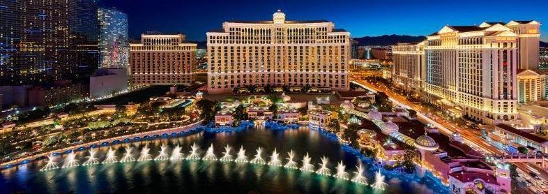 An aerial view of the bellagio hotel in las vegas at night.