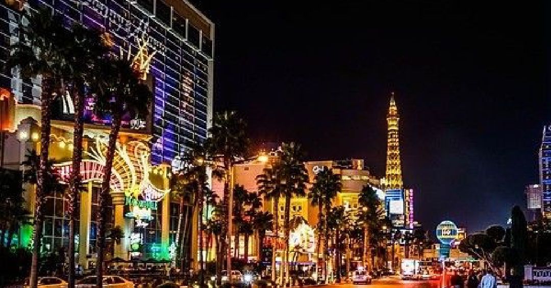 A city street at night with a lot of buildings and palm trees.