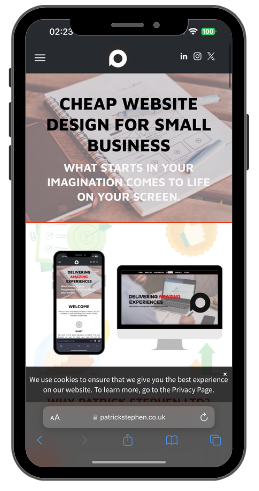 a cell phone displaying a website design for small business .