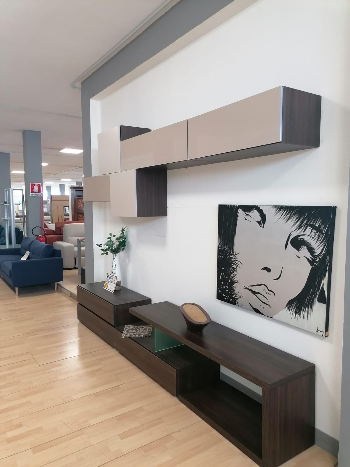 Un soggiorno con un'immagine di una donna sul muro