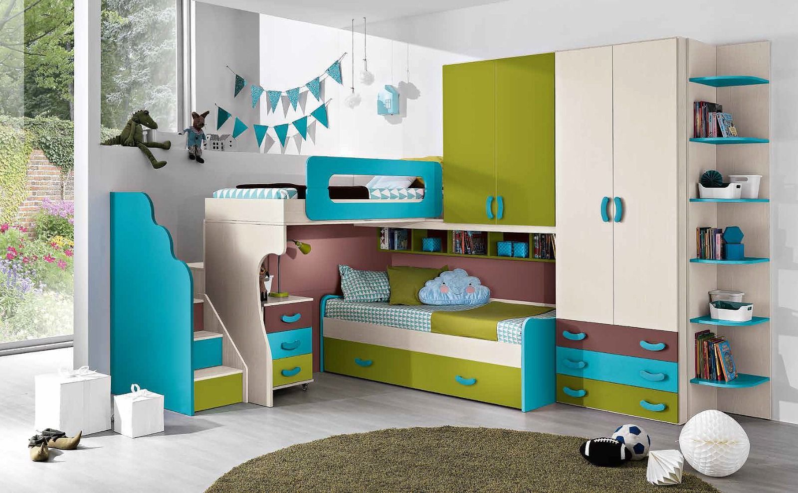 Una cameretta per bambini con letti a castello e scale