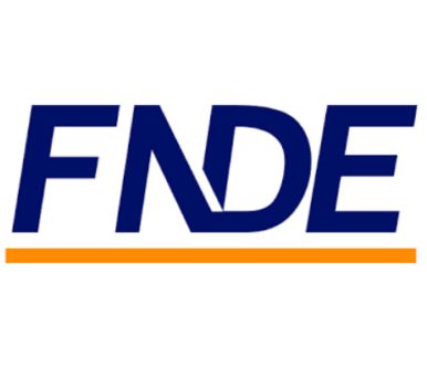 Um logotipo azul e laranja para fnde em um fundo branco