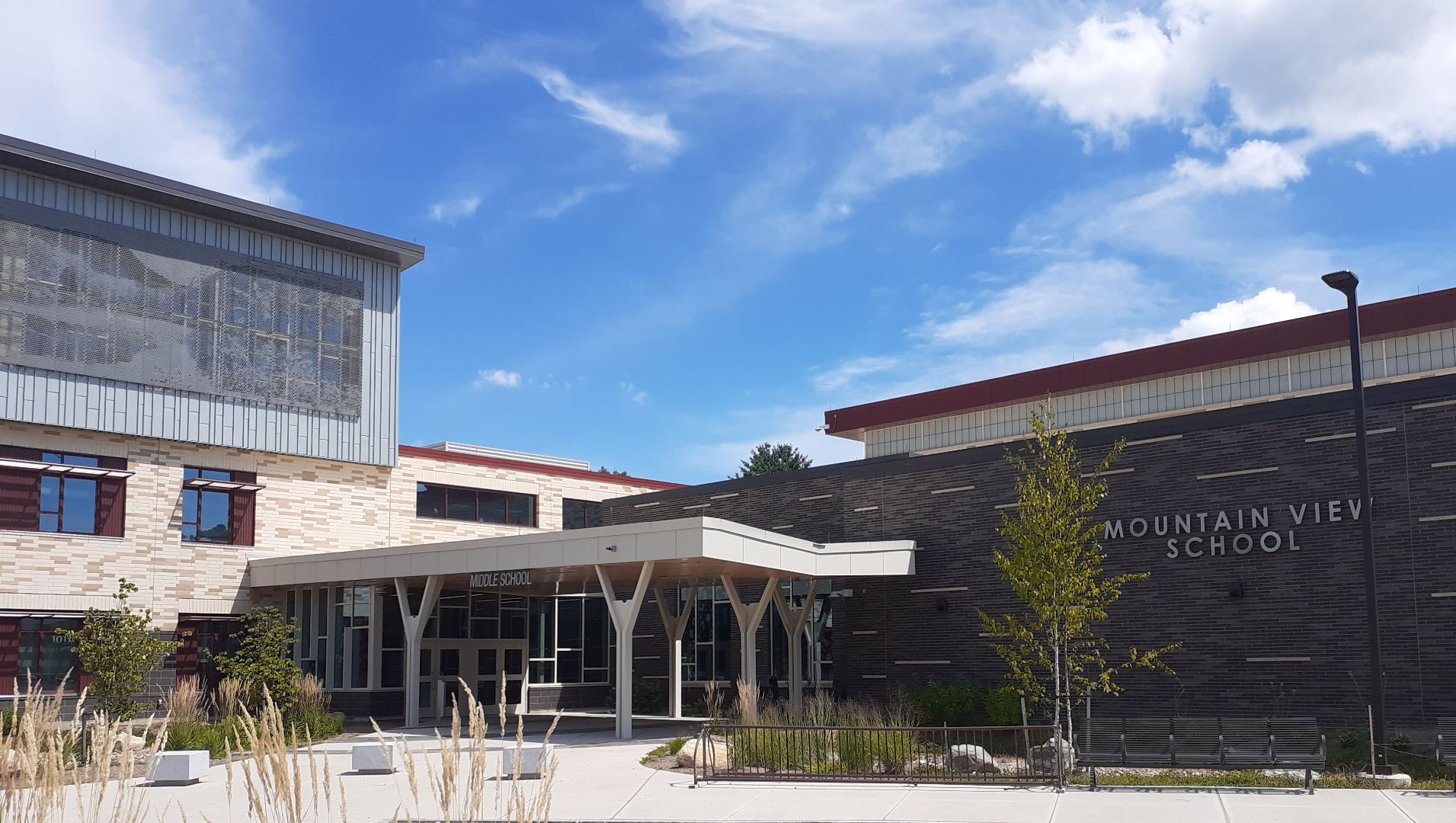 A large building with a blue sky in the background