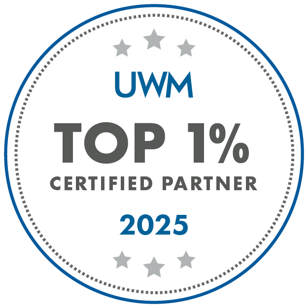 UWM Top 1% Certified Partner badge for 2025. Blue circle with text and stars.