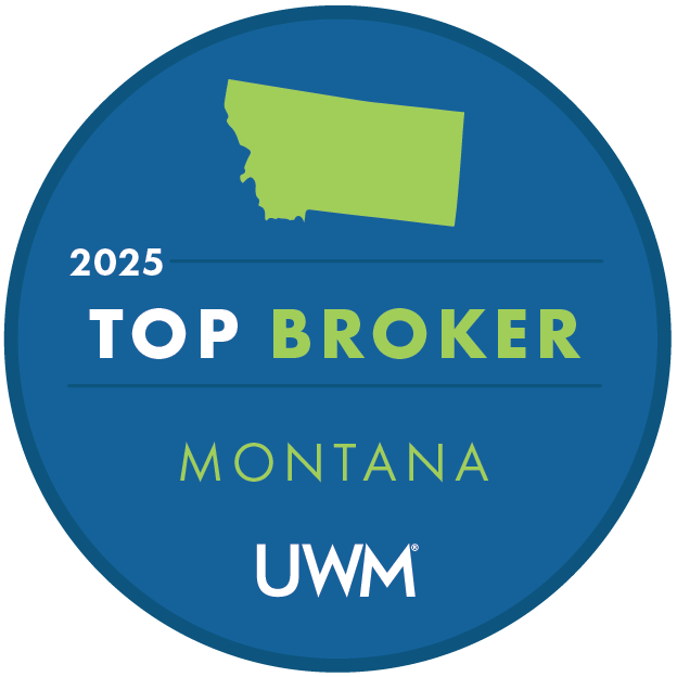 Badge: 2025 Top Broker Montana, blue circle, green Montana map, UWM logo.