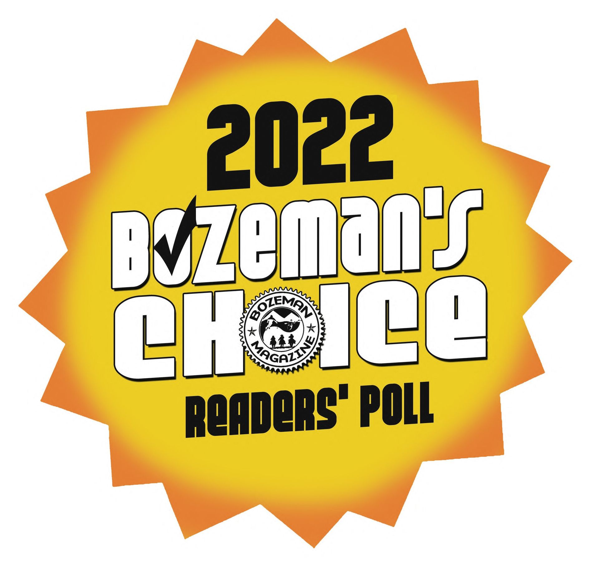 2022 Bozeman's Choice Readers' Poll badge, yellow and orange starburst design. Includes text and logo.