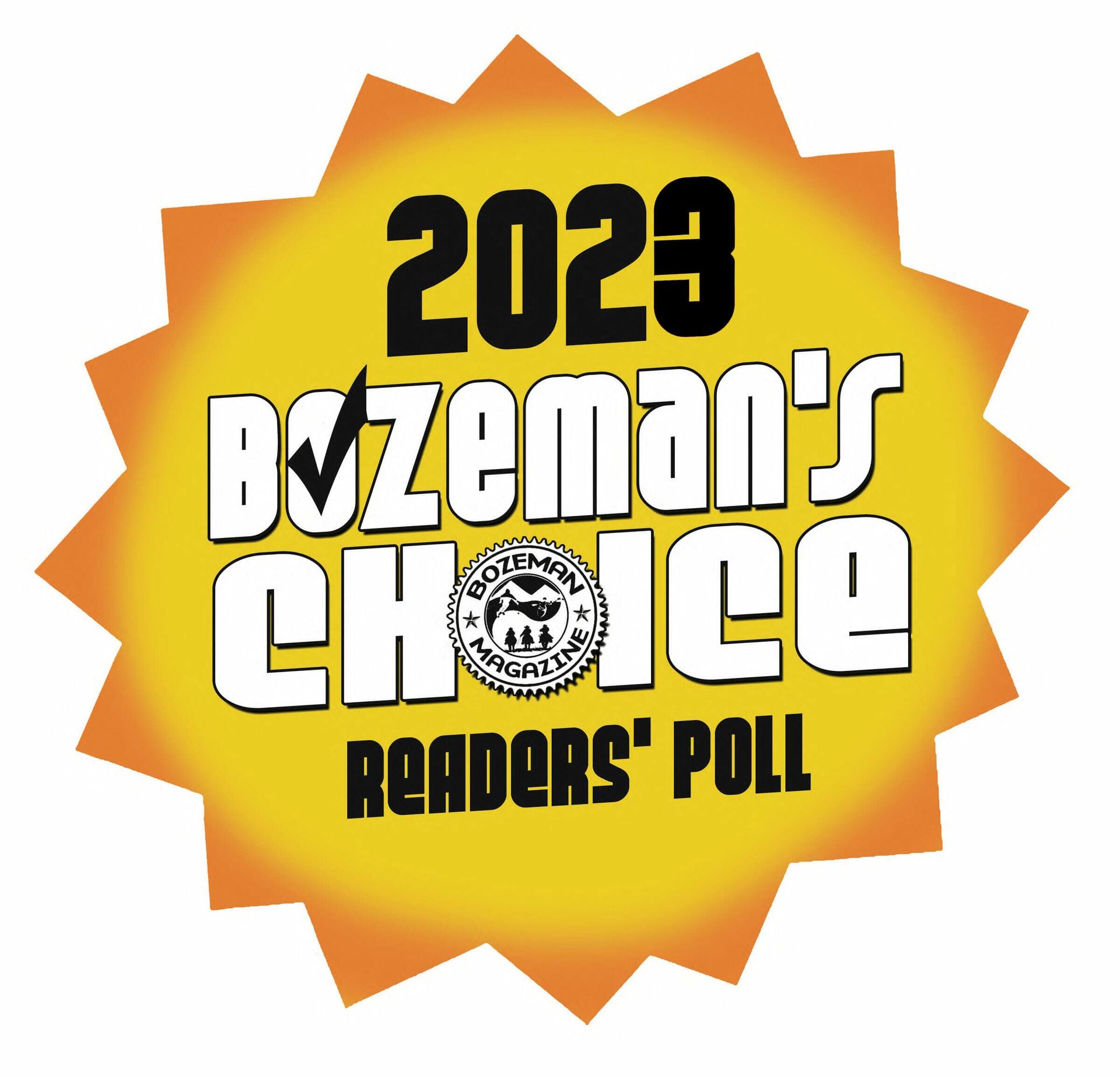 2023 Bozeman's Choice Readers' Poll badge with yellow starburst and text.