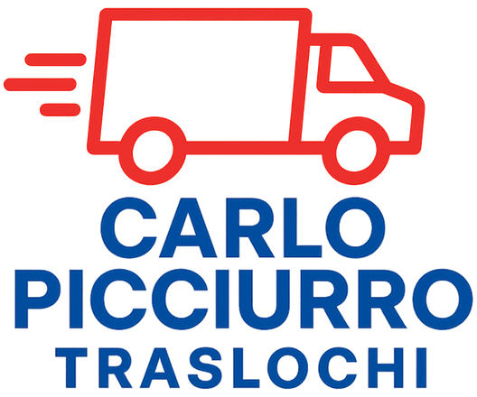 Red truck logo above blue text: