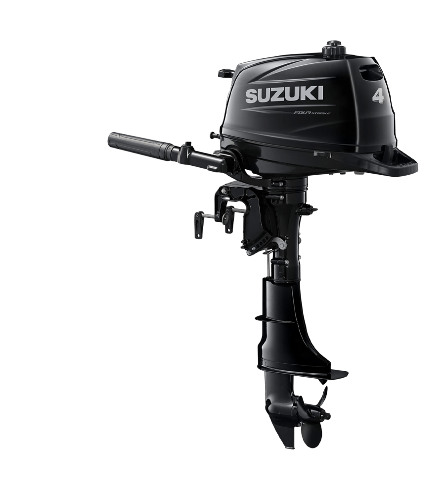 Black Suzuki outboard boat motor isolated on a white background