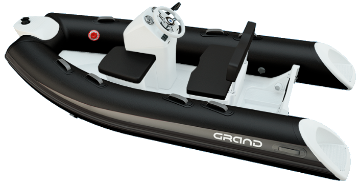 Black and white inflatable dinghy with seats and oars, shown on a white background