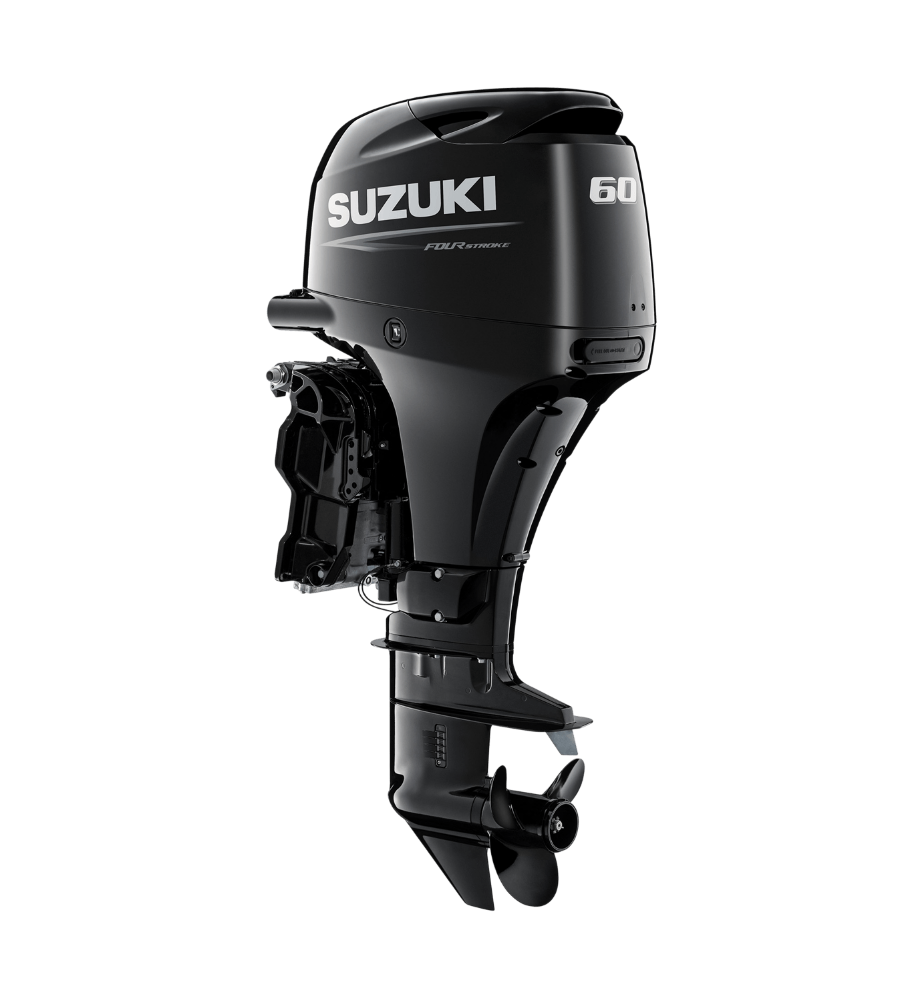 Black Suzuki 60 outboard boat motor on a white background