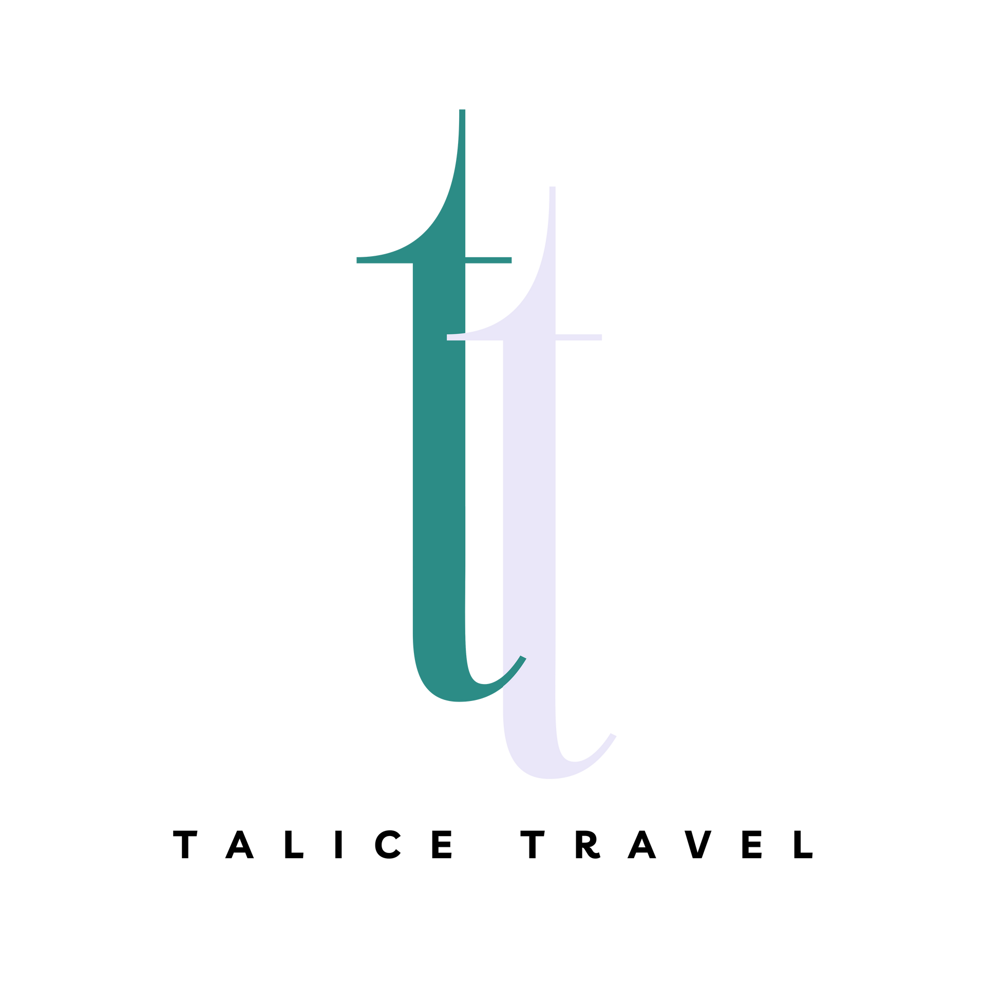 Talice Travel logo with stylized teal and lavender lowercase t on a white background
