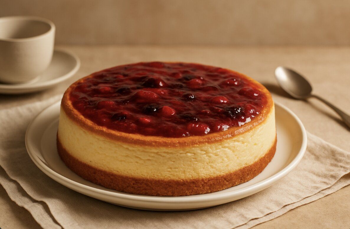 Baked Ricotta Cheesecake topped with fruit glaze on a white ceramic plate