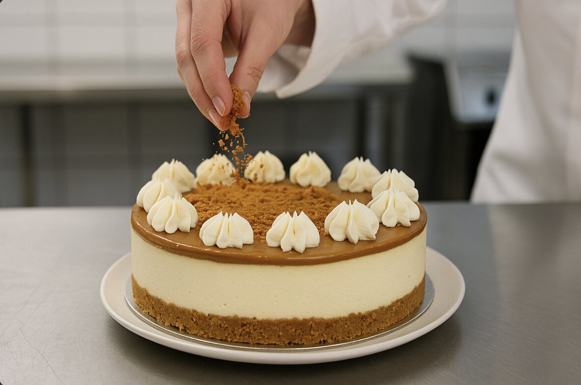 freshly made biscoff cheesecake with creamy topping being finished with crushed biscuits by a baker in a clean stainless steel kitchen