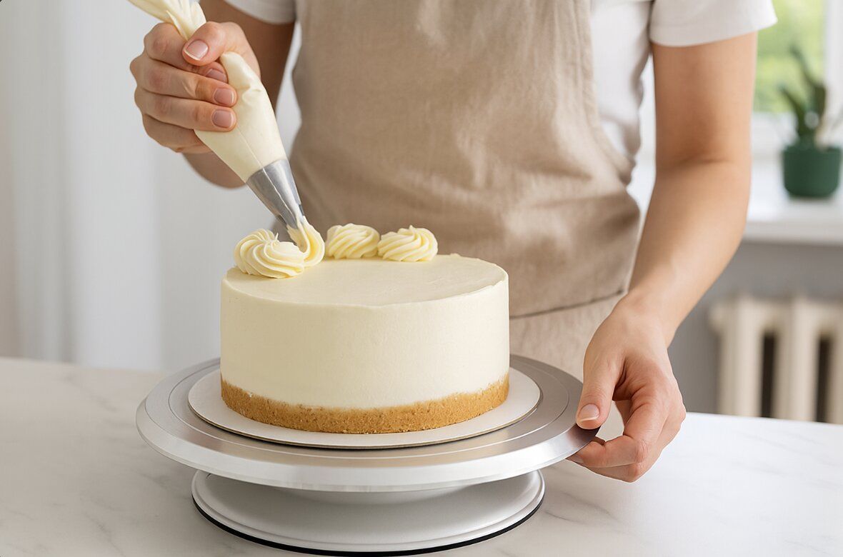 baker decorating a chiffon cake with buttercream swirls using a piping bag on a cake turntable in a bright kitchen