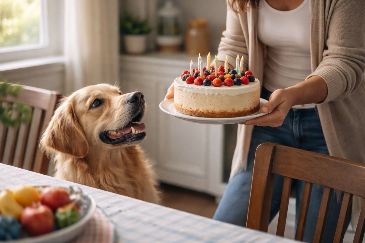 Dog looking eagerly at birthday cake being held by person during home celebration in a sunlit dining room