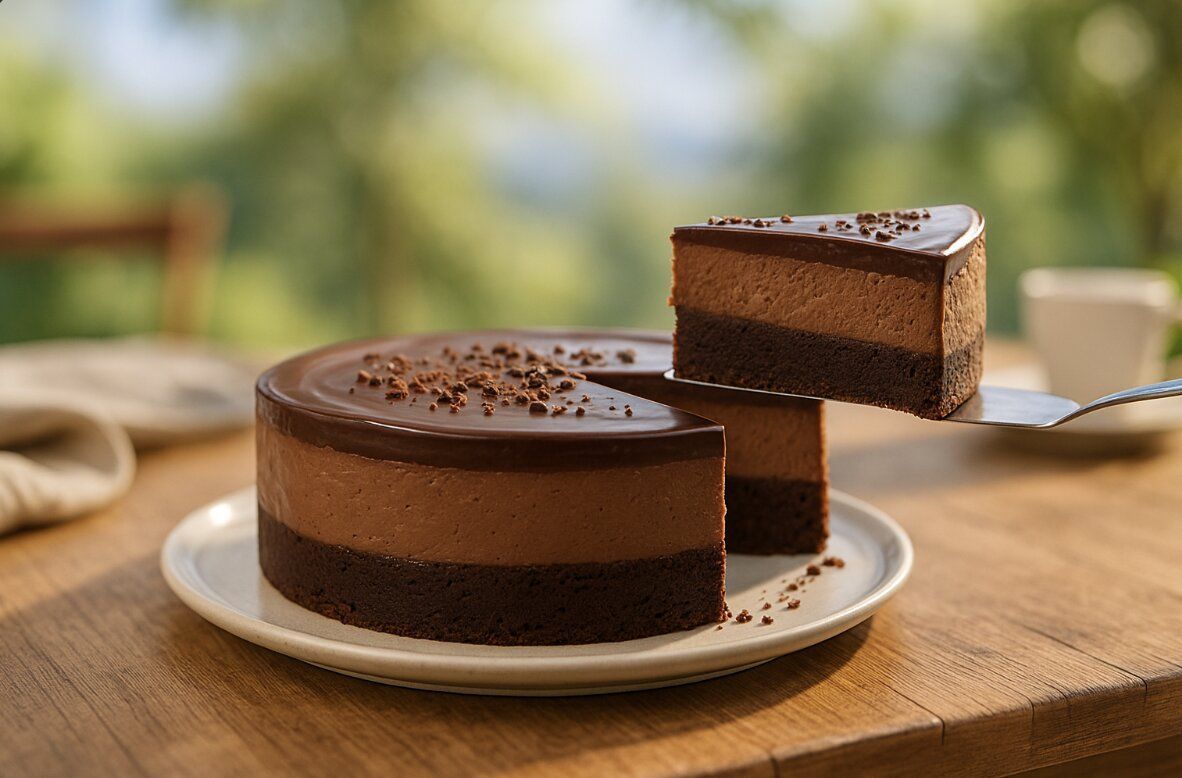 A slice of chocolate mousse cake being lifted to be served on a cool summer day.