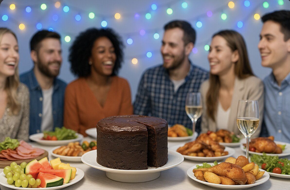 A chocolate mud cake as the centrepiece on a table during a lively indoor celebration with guests and a variety of party foods