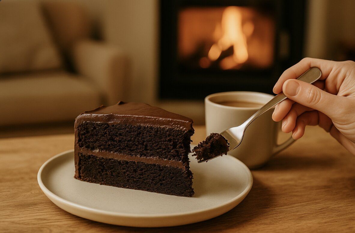 A slice of rich chocolate mud cake on a white plate with coffee beside a warm fireplace in a cosy living room setting