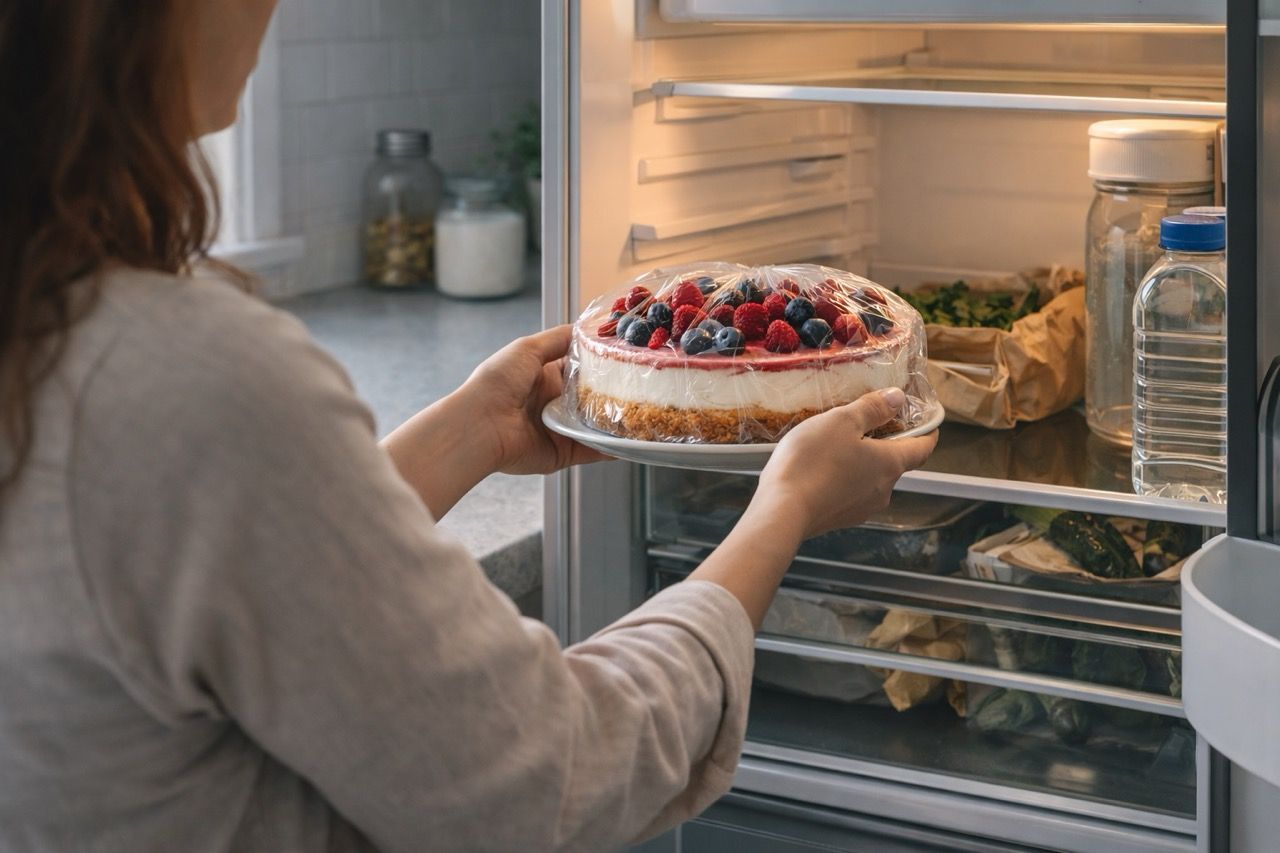 a woman placing a plastic wrapped cake inside the refrigerator