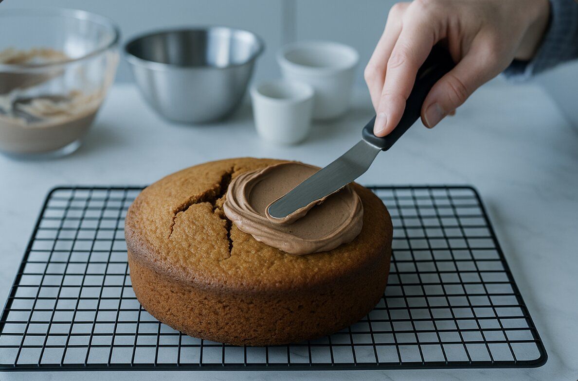 a home baker smoothing frosting over a cracked cake on a cooling rack in a bright kitchen with baking tools in the background