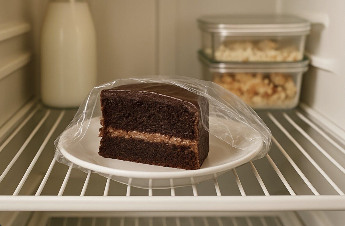 sliced cake on a plate covered in plastic inside the fridge.