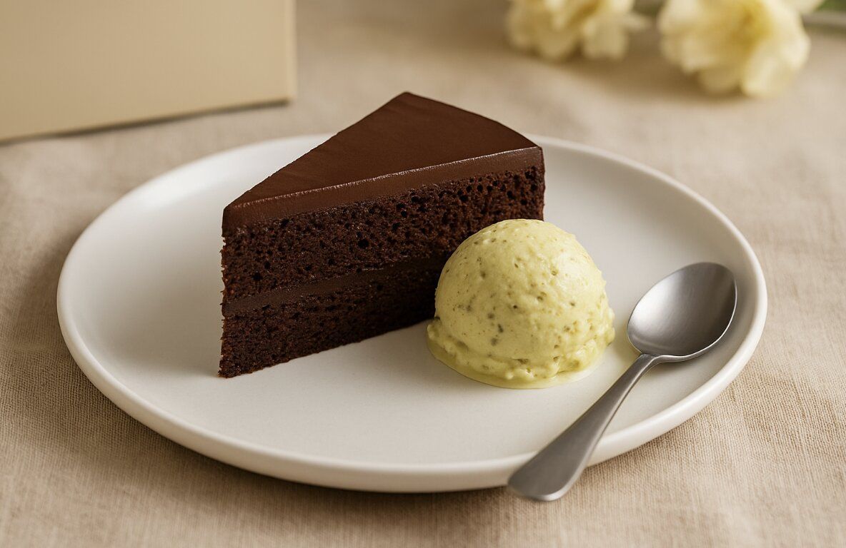 Slice of chocolate cake served with pistachio gelato on a white plate