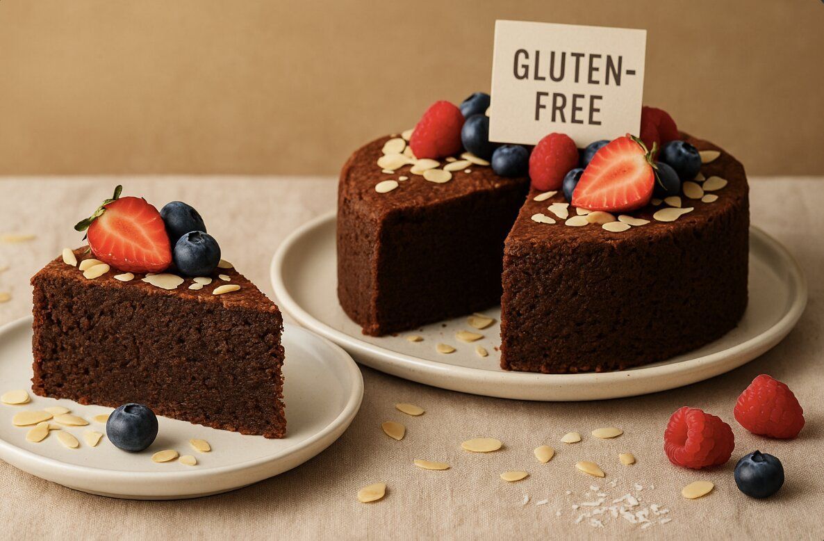 Gluten free chocolate cake slice with berries and almond flakes on a white plate