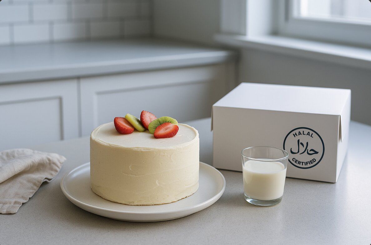 a freshly decorated halal certified sponge cake with fruit slices on a kitchen counter beside a white carton box in a homely minimalist kitchen setting