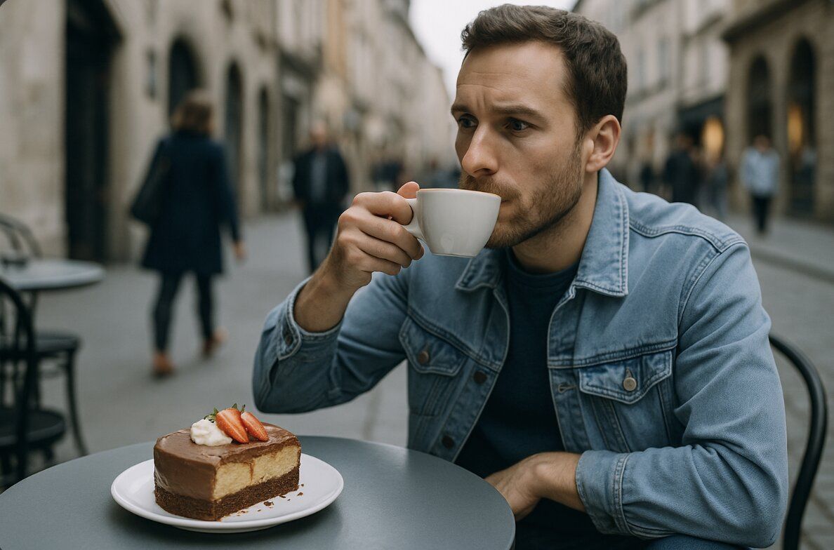 a man sitting at an outdoor cafe table sipping cappuccino with a half-finished chocolate mousse cake topped with whipped cream and strawberries while people walk along a busy street in the background